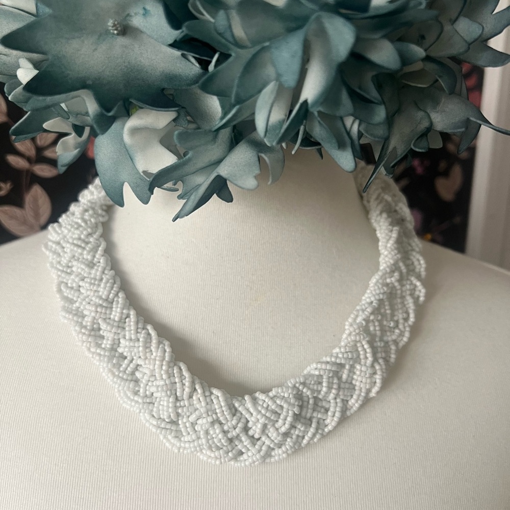 White beaded, braided necklace